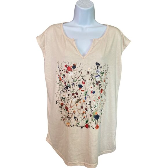 Womens T-Shirt L Floral Print Beige Cap Sleeve V-Neck Lagenlook Cottagecore - Picture 1 of 6